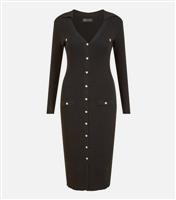 Women's Black Ribbed Long Sleeve Button Front Bodycon Midi Dress Mela New Look