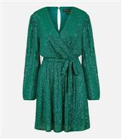 Mela Dark Green Sequin Wrap Mini Dress New Look
