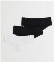 Women's 3 Pack Black and White Soft Touch Lace Trim Short Briefs New Look