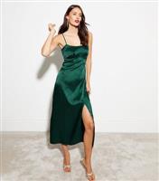 Dark Green Satin Jacquard Split Hem Midaxi Dress New Look