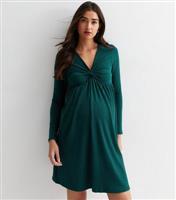 Maternity Dark Green Ribbed Twist Front Mini Dress New Look