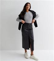 Women's Petite Black Leather-Look Coated Split Hem Midi Skirt New Look
