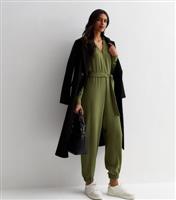 Khaki Collared Zip Up Cuffed Jumpsuit New Look