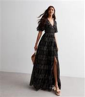 Women's Black Sequin Stripe Flutter Sleeve Maxi Dress Gini London New Look