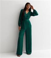 Gini London Green Satin Belted Wide Leg Jumpsuit New Look