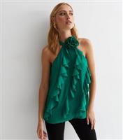 Women's Green Ruffle Halter Neck Top Gini London New Look