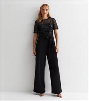 Women's Black Floral Lace Sequin Wide Leg Jumpsuit Gini London New Look
