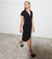 Black Ruched Front Wrap Midi Dress New Look