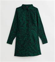 Tall Dark Green Floral Line Print Mini Shirt Dress New Look
