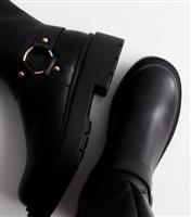 Women's Black Leather-Look Stretch Calf Biker Boots New Look