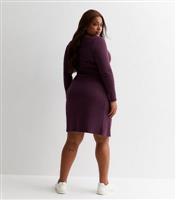 Curves Dark Purple Ribbed Square Neck Wrap Mini Dress New Look