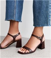 Women's Dark Brown Patent Block Heel Sandals Vegan New Look