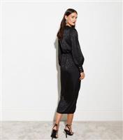 Black Leopard Print Satin Jacquard Wrap Midi Dress New Look