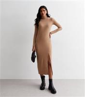 Camel Ribbed Roll Neck Midaxi Dress New Look