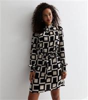 Tall Black Geometric Check Print High Neck Belted Mini Dress New Look