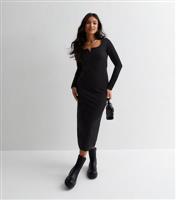 Petite Black Ribbed Jersey Long Sleeve Midi Dress New Look