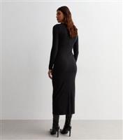 Tall Black Ribbed V Neck Long Sleeve Midi Dress New Look