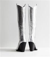 Women's Silver Flared Block Heel Cowboy Boots Public Desire New Look