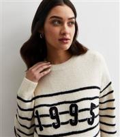 Women's Maternity Off White Knit Stripe 1995 Logo Jumper New Look