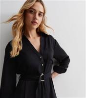 Black Long Sleeve D Ring Midi Shirt Dress New Look