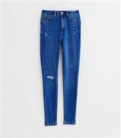 Women's Petite Bright Blue Ripped High Waist Hallie Super Skinny Jeans New Look
