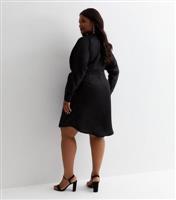 Curves Black Satin Wrap Mini Shirt Dress New Look