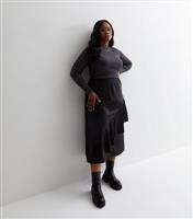 Curves Black Satin Ruffle Midi Skirt New Look