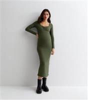 Women's Maternity Khaki Ribbed Jersey Long Sleeve Midi Dress New Look