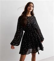 Women's Black Star Print Puff Sleeve Mini Dress Gini London New Look