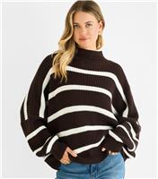 Women's Rust Stripe Chunky Knit High Neck Jumper Gini London New Look