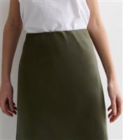 Women's Olive Satin Midi Skirt New Look