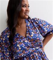 Women's Plus Size Blue Floral Wrap Top Curves ONLY New Look