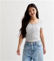 Girls' Grey Ribbed Scoop Neck Button Front Top New Look