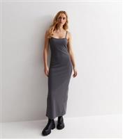 Grey Ribbed Jersey Strappy Split Hem Midi Dress New Look