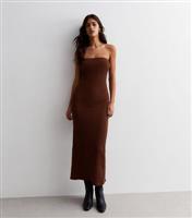 Dark Brown Ribbed Jersey Bandeau Midaxi Dress New Look