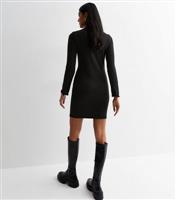 Black Ribbed High Neck Long Sleeve Mini Dress New Look