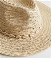 Stone Straw Effect Shell Trim Packable Fedora Hat New Look