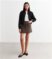 Women's Dark Brown Denim Button Front Mini Skirt New Look