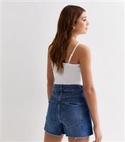 Women's Blue Denim Raw Hem Mom Shorts New Look