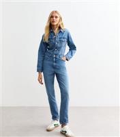 Women's Blue Straight Leg Denim Jumpsuit New Look