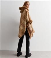 Women's Camel Check Faux Fur Trim Cape Gini London New Look