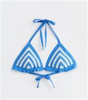 Women's Blue Chevron Crochet Halterneck Triangle Bikini Top New Look