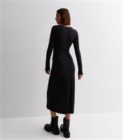 Black Ribbed Jersey Ruched Side Midi Dress New Look