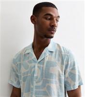 Men's Pale Blue Abstract Print Linen Blend Short Sleeve Shirt New Look