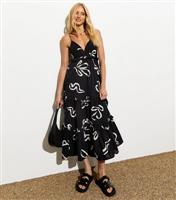 Women's Black Cotton Abstract-Print Strappy Midi Dress New Look