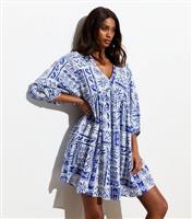 Women's Blue Sun Print Cotton Mini Smock Dress New Look