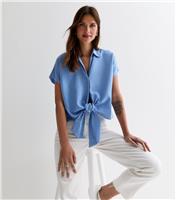 Women's Pale Blue Linen Blend Tie Front Shirt New Look