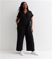 Women's Plus Size Black Cotton Belted Utility Jumpsuit Curves New Look