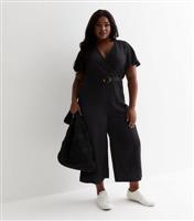 Women's Plus Size Black Belted Wrap Wide Leg Jumpsuit Curves New Look