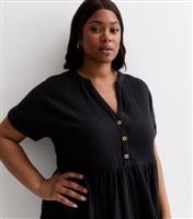 Women's Plus Size Black Cotton Button Front Mini Smock Dress Curves New Look